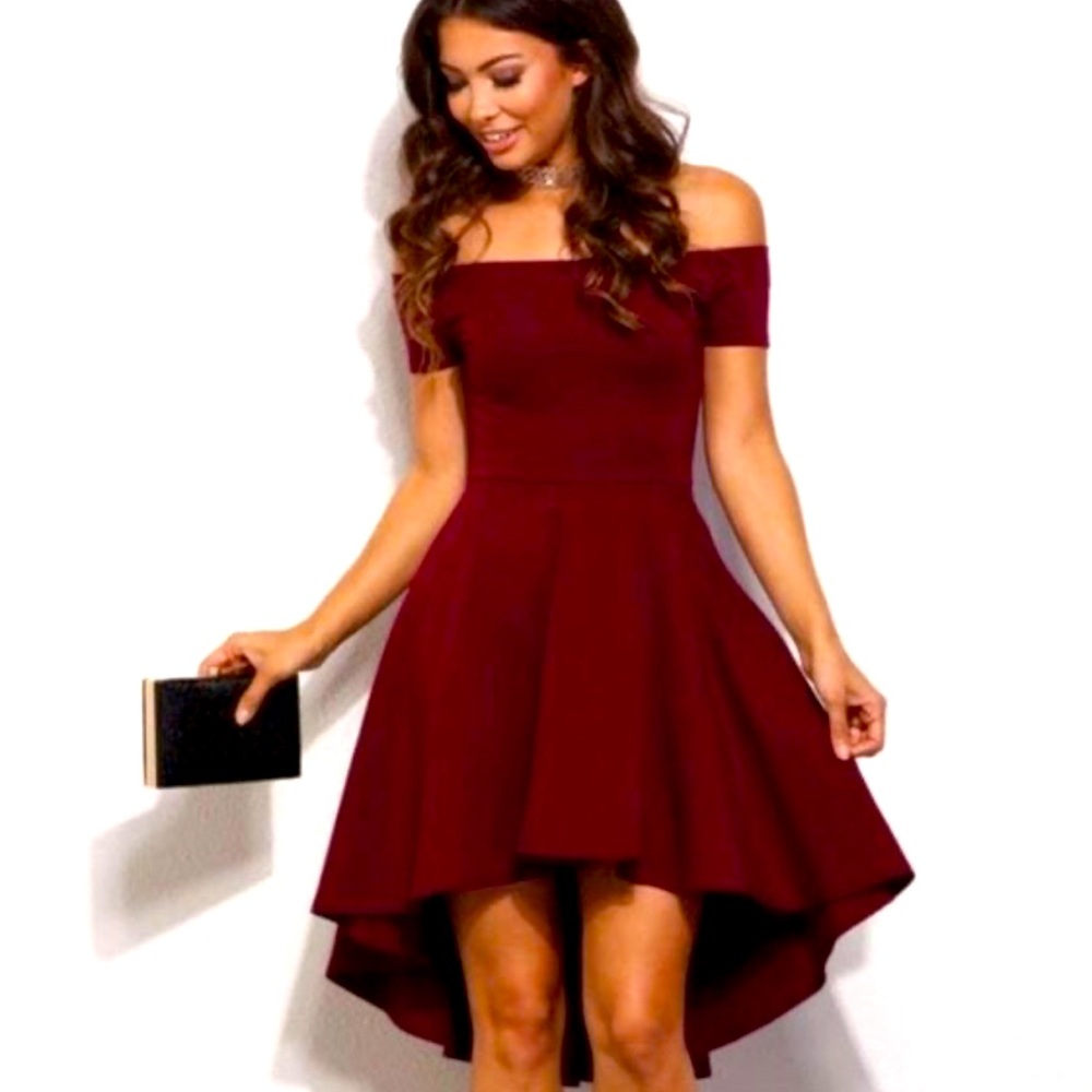Windsor Store Maroon High Low Off the Shoulder Dress